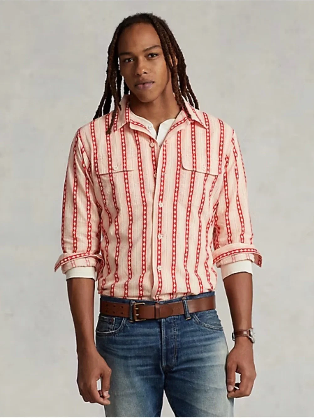 Polo by Ralph Lauren White Button-Down Shirt with Red Stripe Pattern 1246